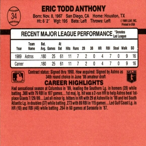 Eric Anthony (Houston Astros) Vintage Donruss '90 Rated Rookie Card - Number 34 - Picture 2 of 2